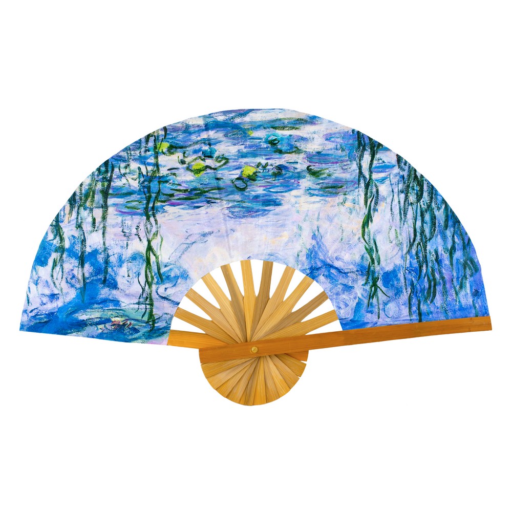 Fan polyester cotton mix & bamboo inspired by Monet water lilies blue