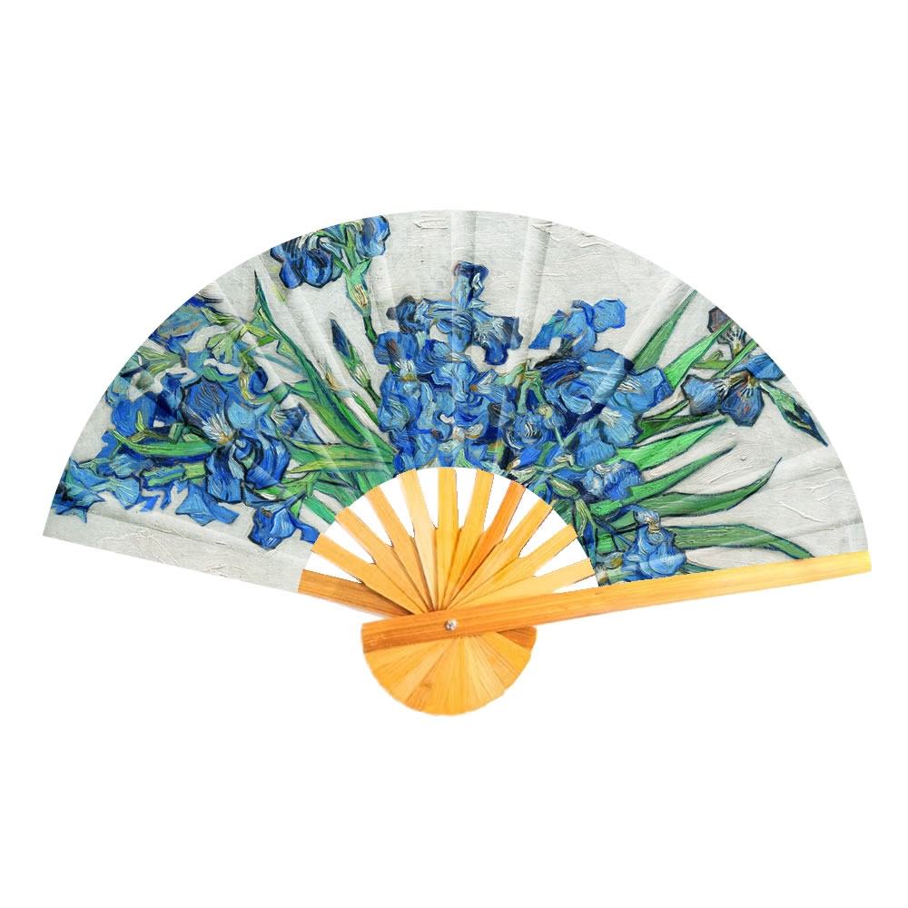 Fan polyester cotton mix & bamboo inspired by Van Gogh irises blue