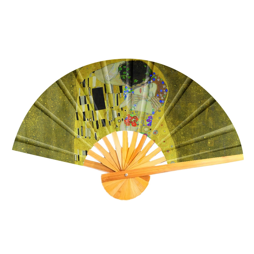 Fan polyester cotton mix & bamboo inspired by Klimt the kiss yellow