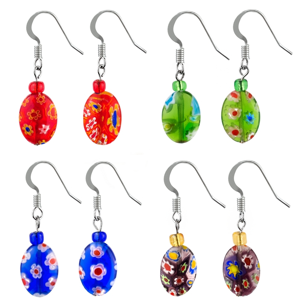 Drop earring glass beads millefiori assorted colours