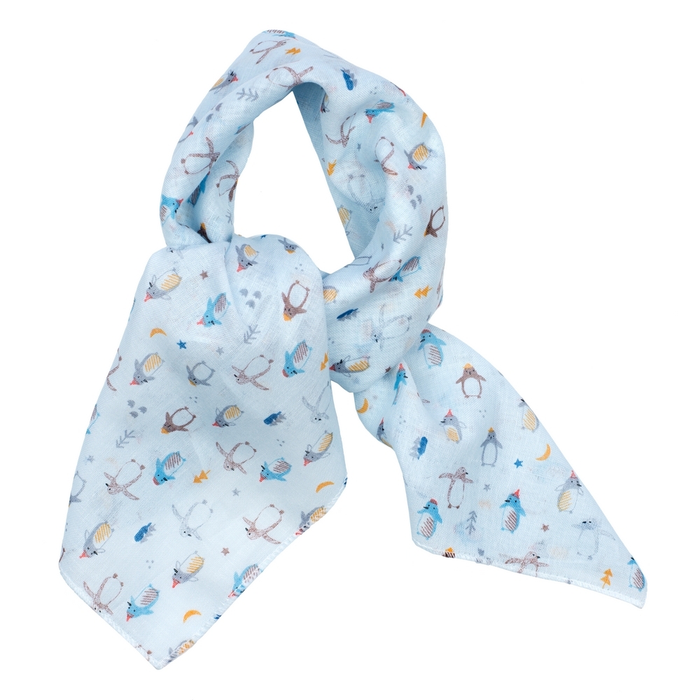Scarf cotton kerchief perky penguin pale blue