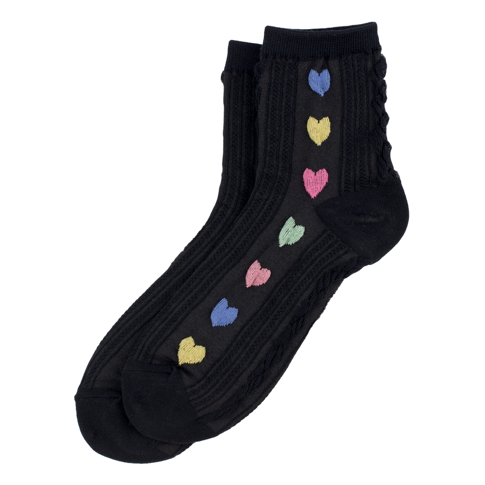 Socks cotton & spandex soft cable knit hearts black