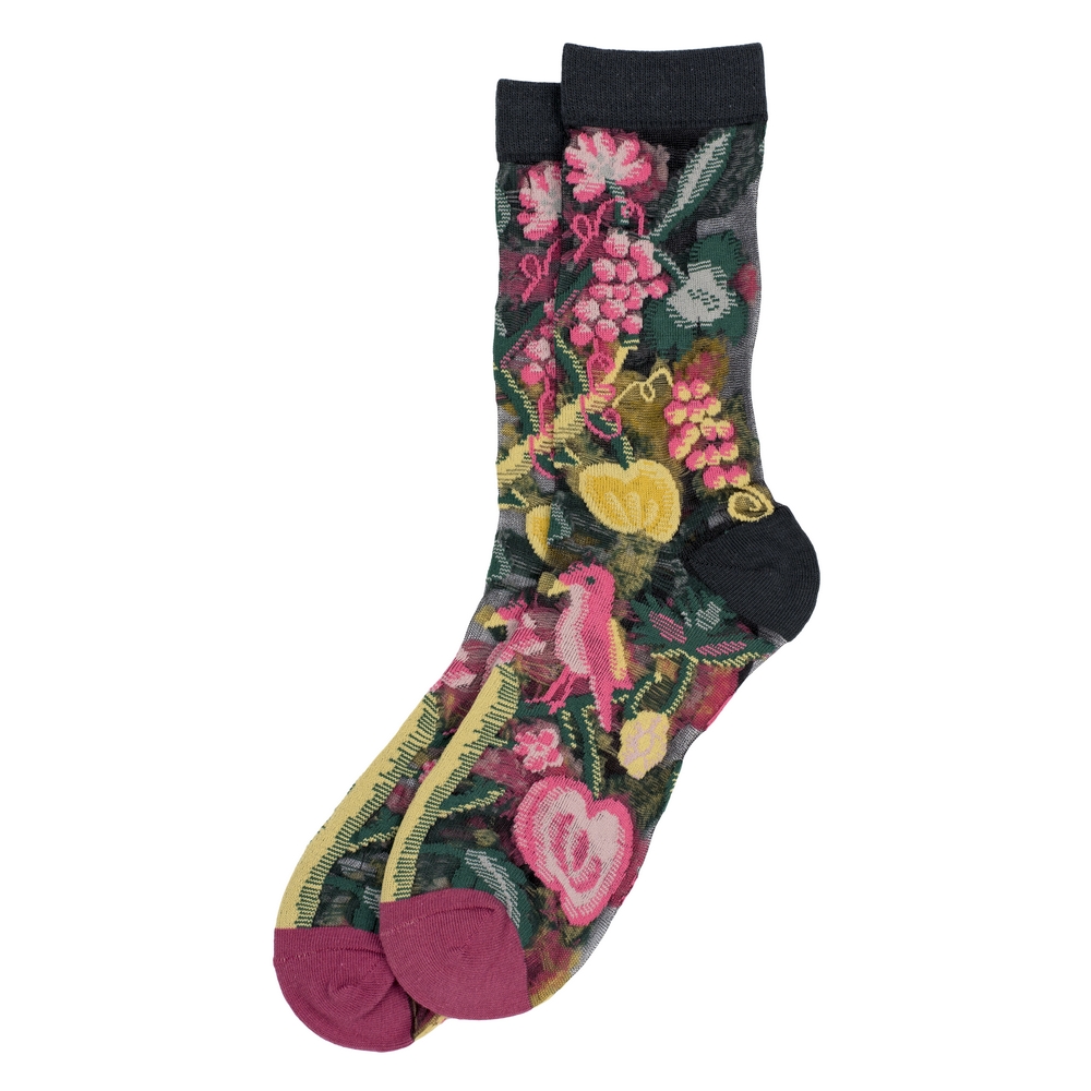 Socks cotton sheer bird & fruit black