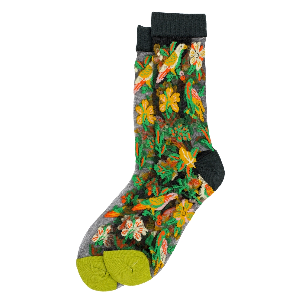 Socks cotton sheer tropical flowers & love birds green
