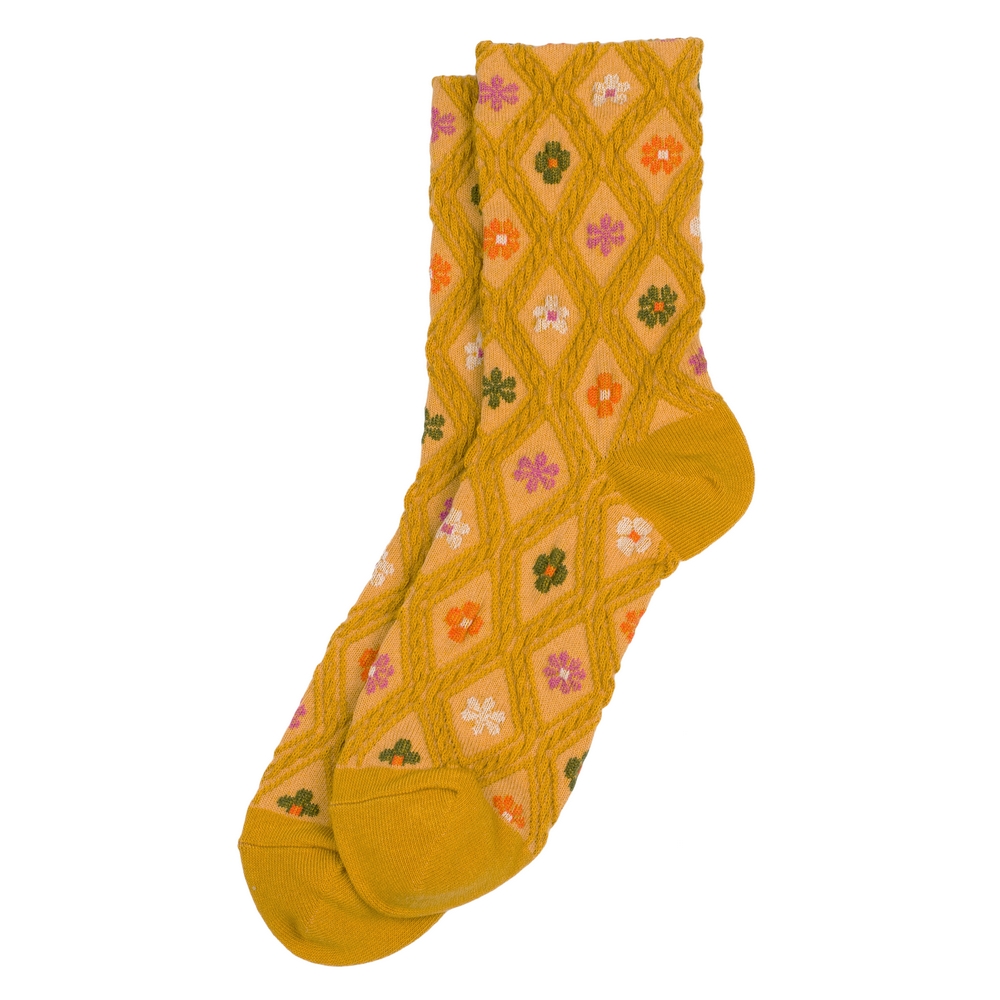 Socks cotton & spandex embossed floral emblem mustard yellow