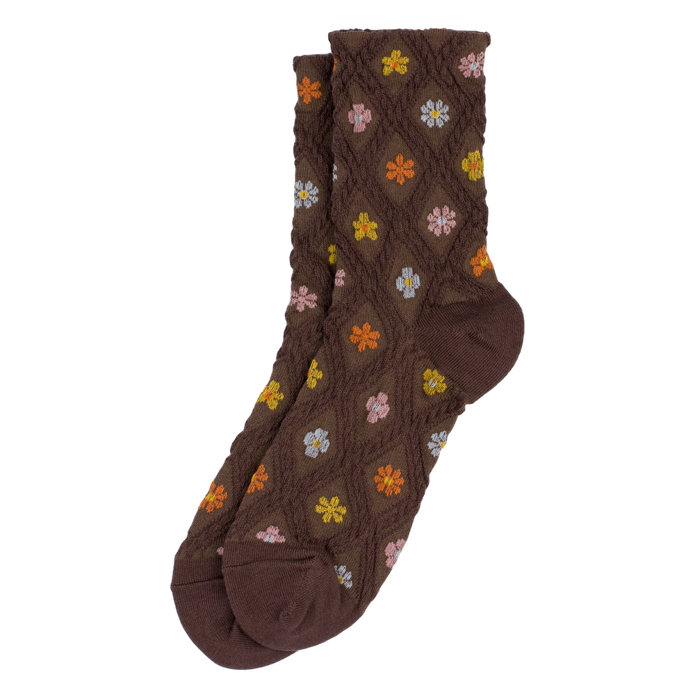 Socks cotton & spandex embossed floral emblem brown