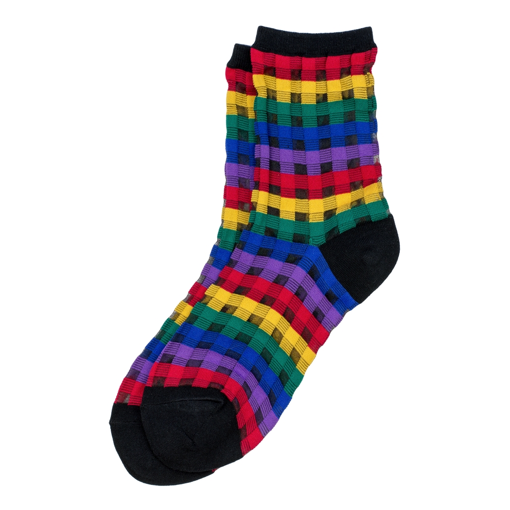 Socks cotton & spandex sheer rainbow check multicoloured