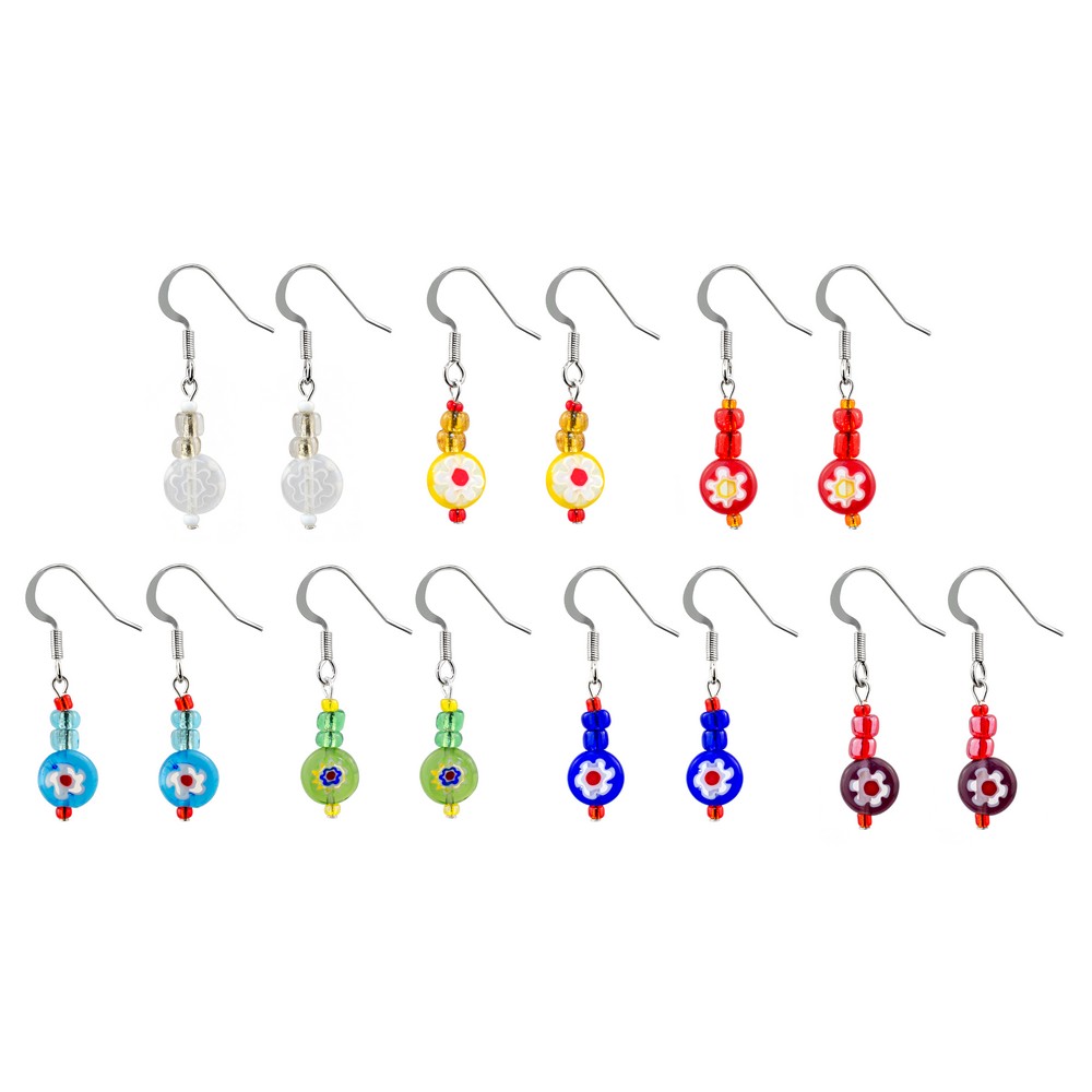 Drop earring millefiori glass sweet flower assorted colours