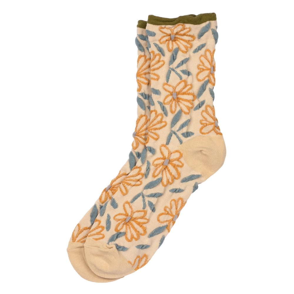 Socks cotton & spandex sketch flower relief beige