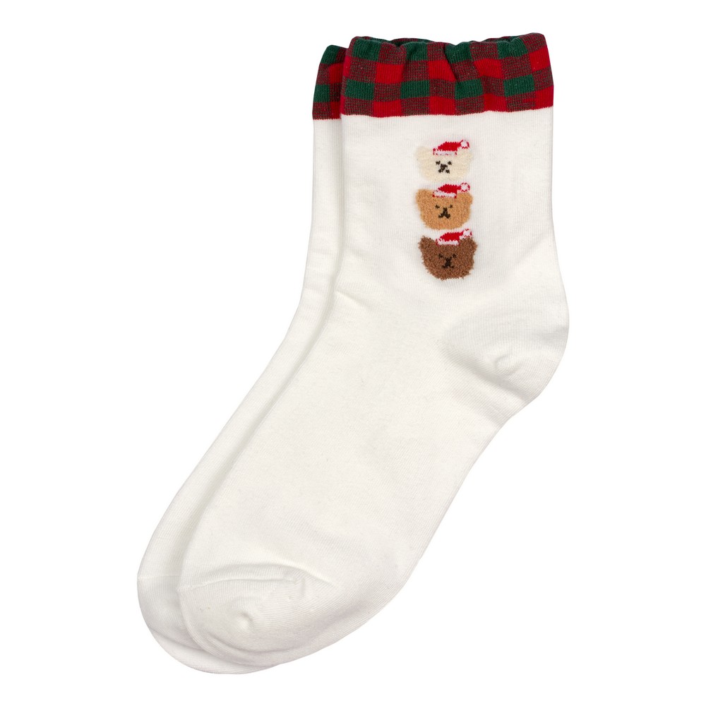 Socks cotton & spandex checker cuff bear white