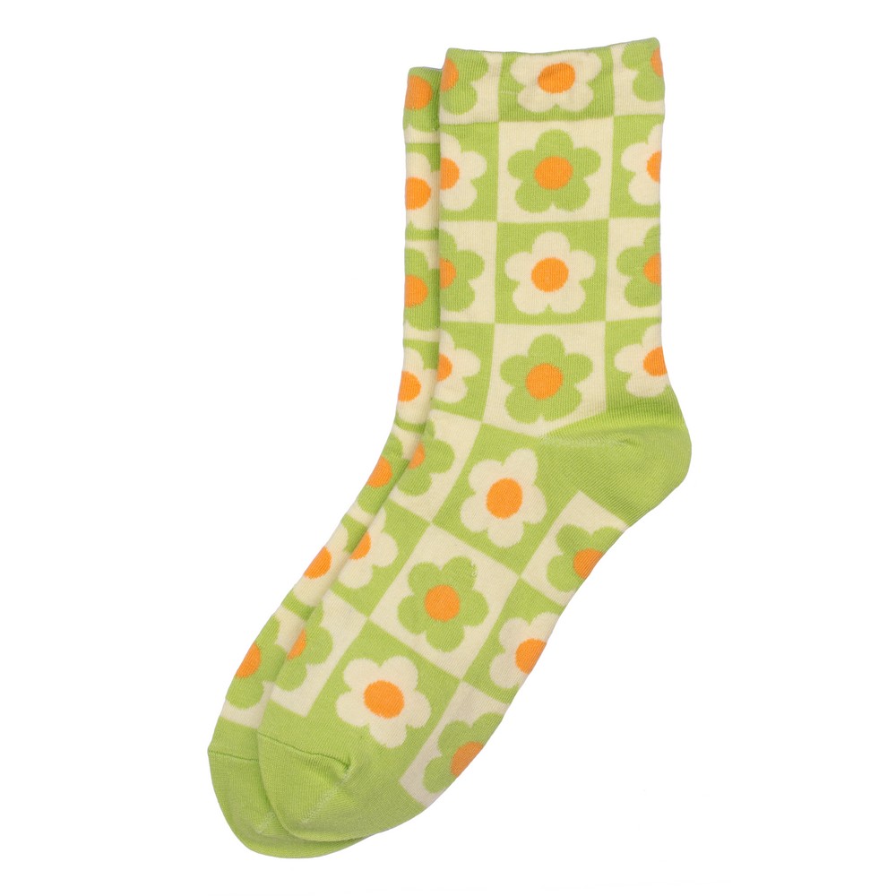 Socks cotton & spandex flower checkerboard lime green