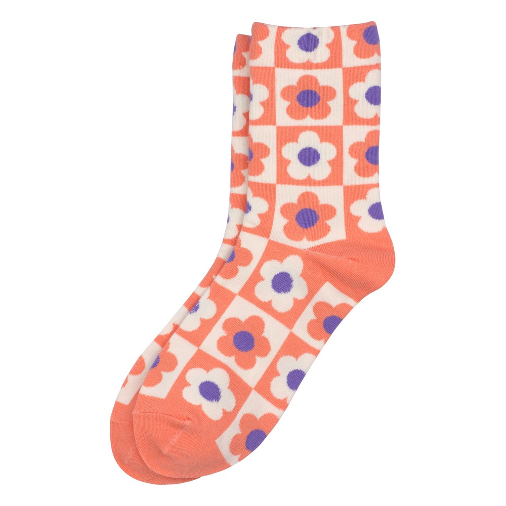 Socks cotton & spandex flower checkerboard coral orange