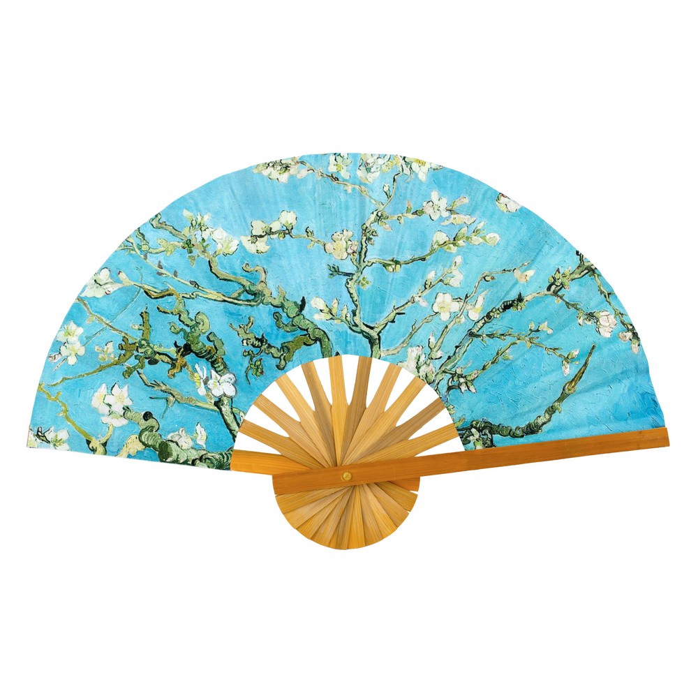 Fan polyester cotton mix & bamboo inspired by Van Gogh Almond Blossom turquoise