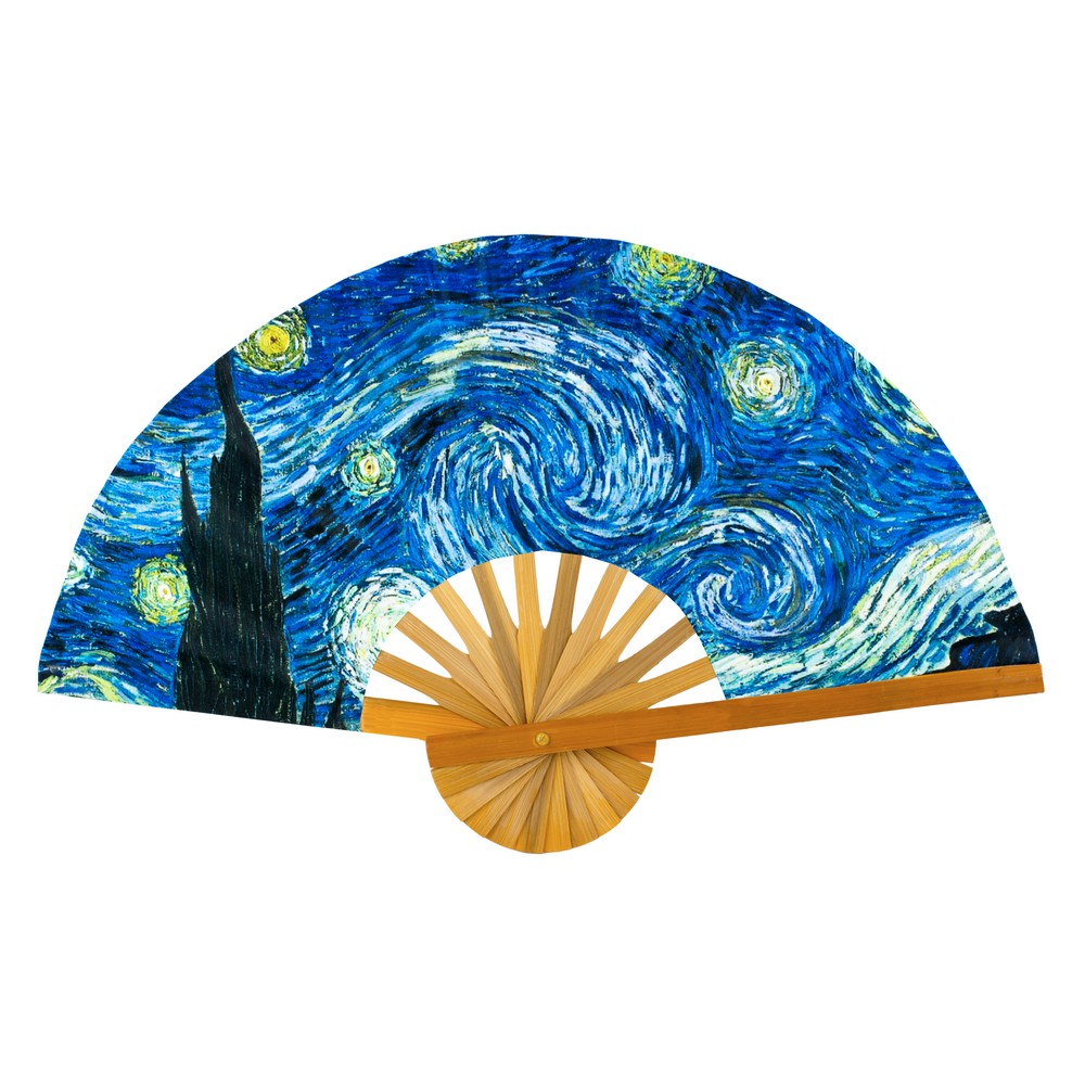 Fan polyester cotton mix & bamboo inspired by Van Gogh Starry Night blue