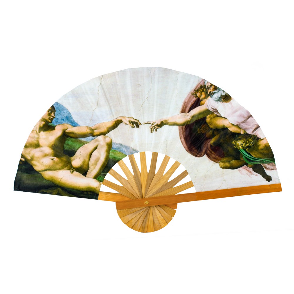 Fan polyester cotton mix & bamboo inspired by Michelangelo The Creation of Adam multicoloured