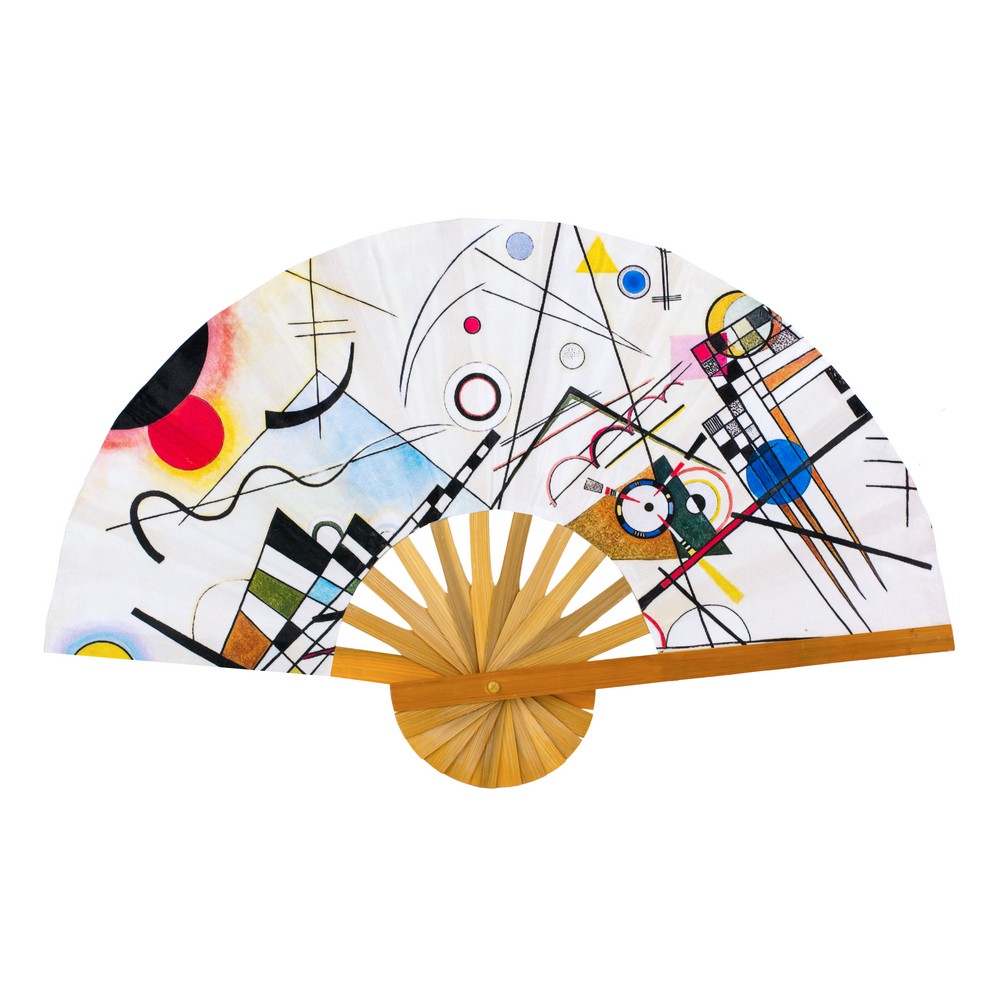Fan polyester cotton mix & bamboo inspired by Kandinsky Composition 8 multicoloured