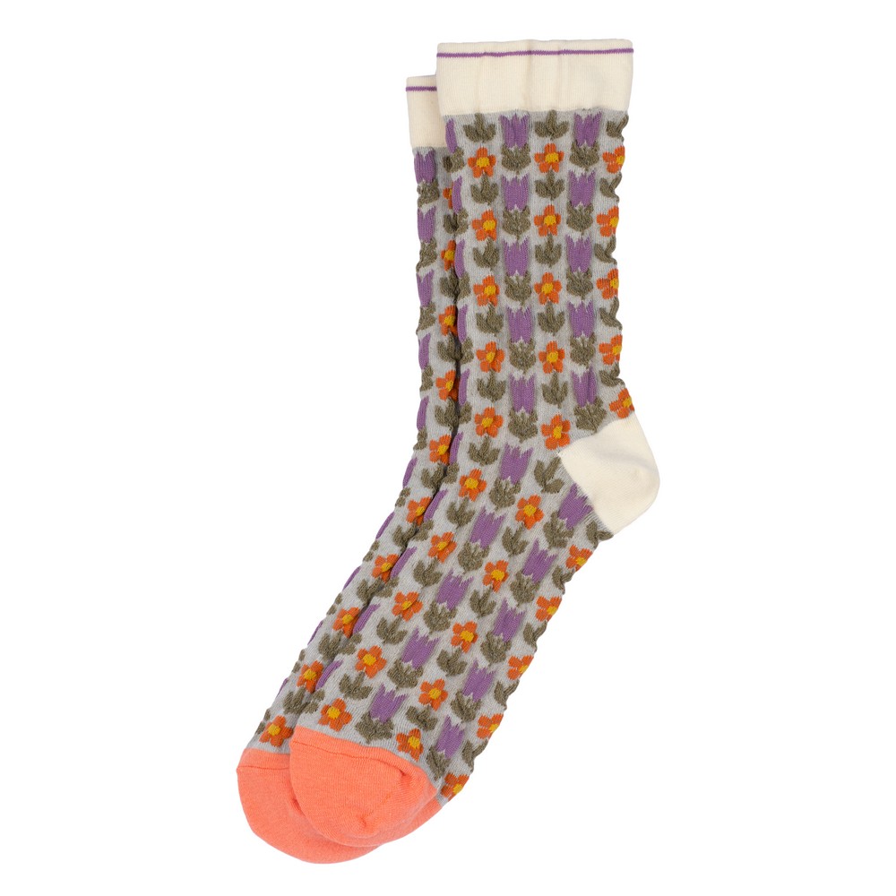 Socks cotton & spandex embossed retro flower purple & orange