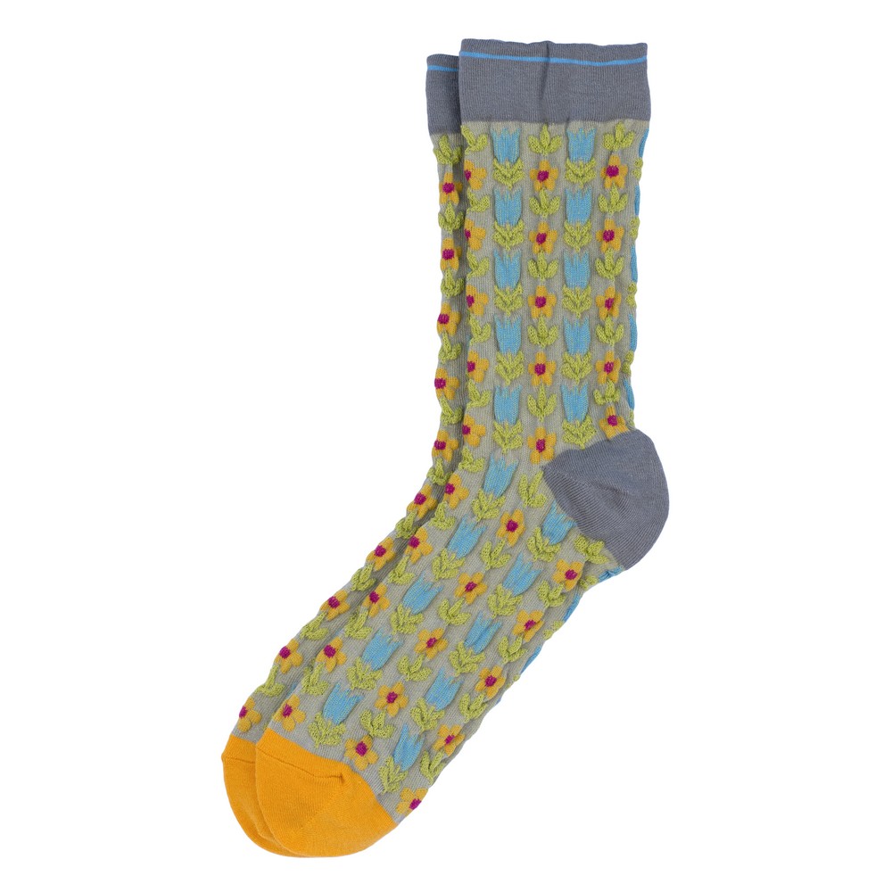 Socks cotton & spandex embossed retro flower green & blue