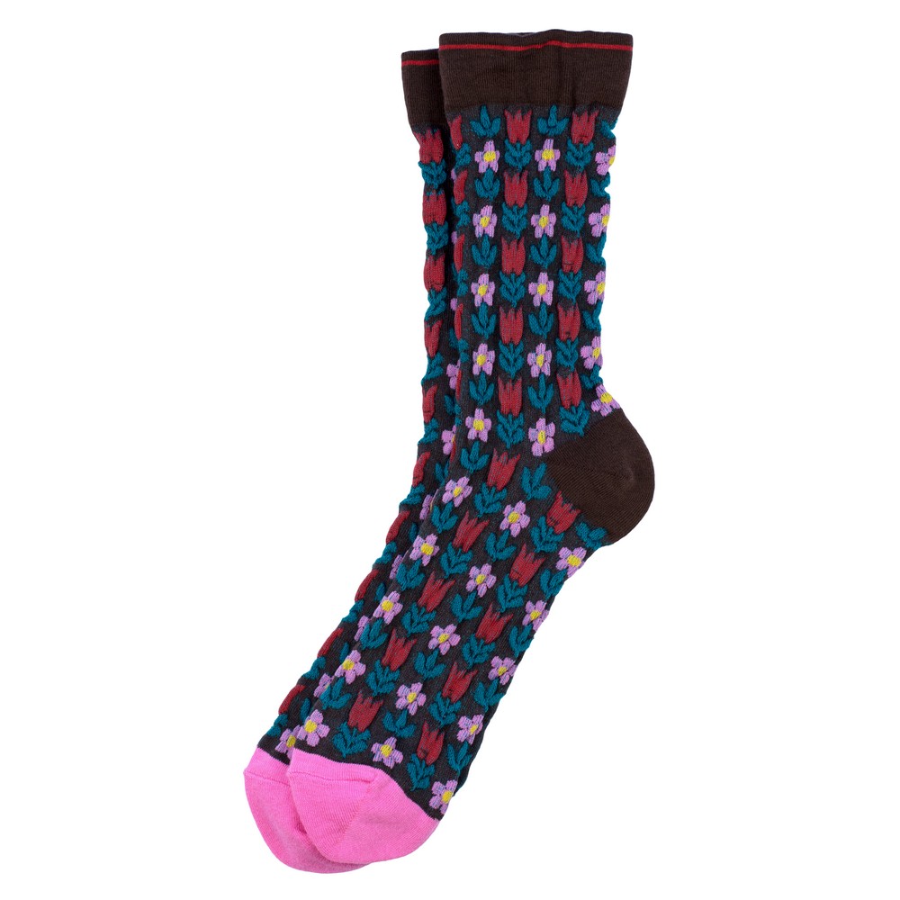 Socks cotton & spandex embossed retro flower red & pink