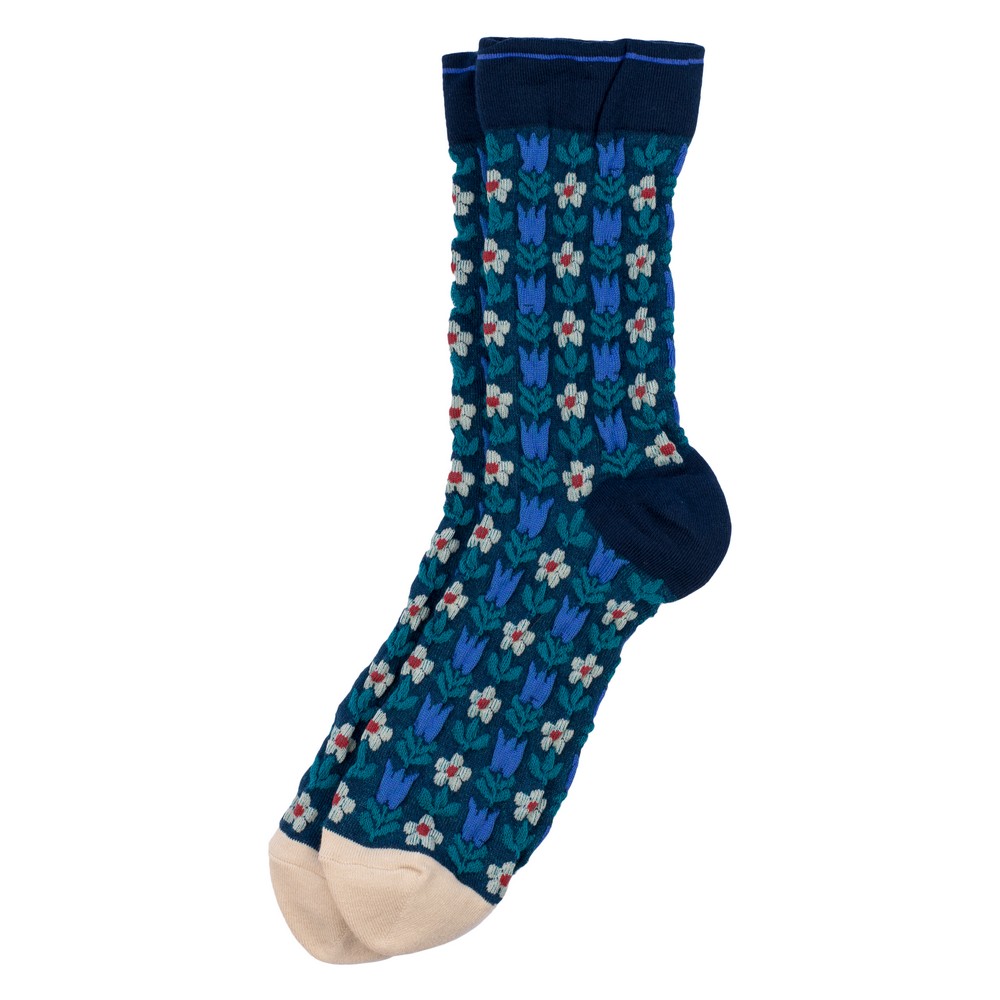 Socks cotton & spandex embossed retro flower blue & teal green