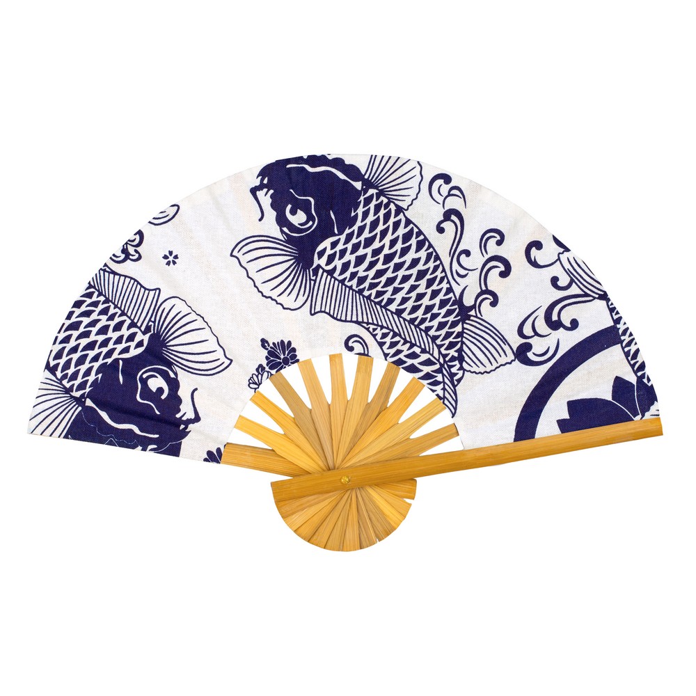 Fan cotton & bamboo japanese koi carp blue