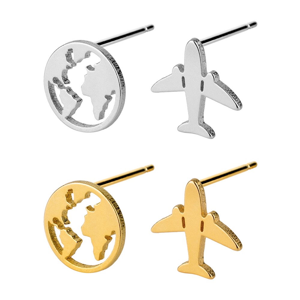 Stud earring around the world silver & gold