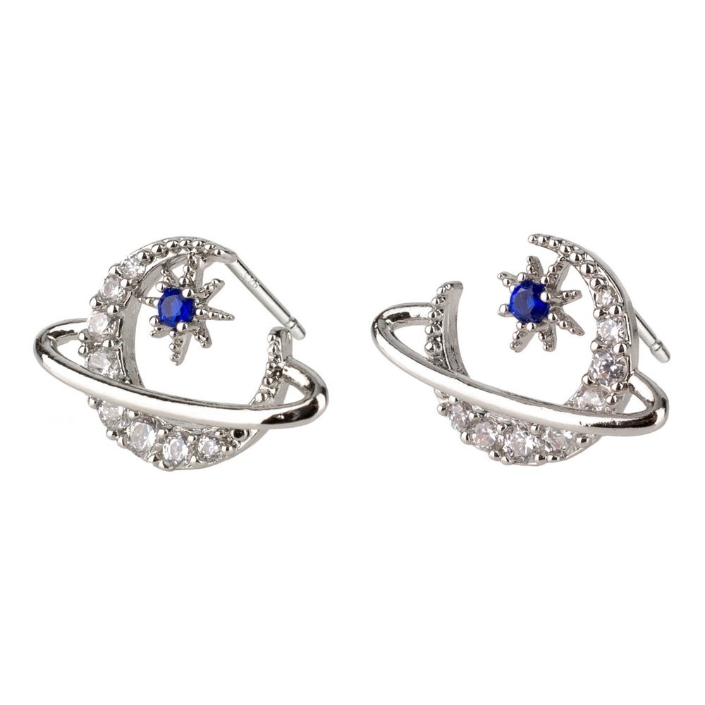 Stud earring crystal glass star planet silver