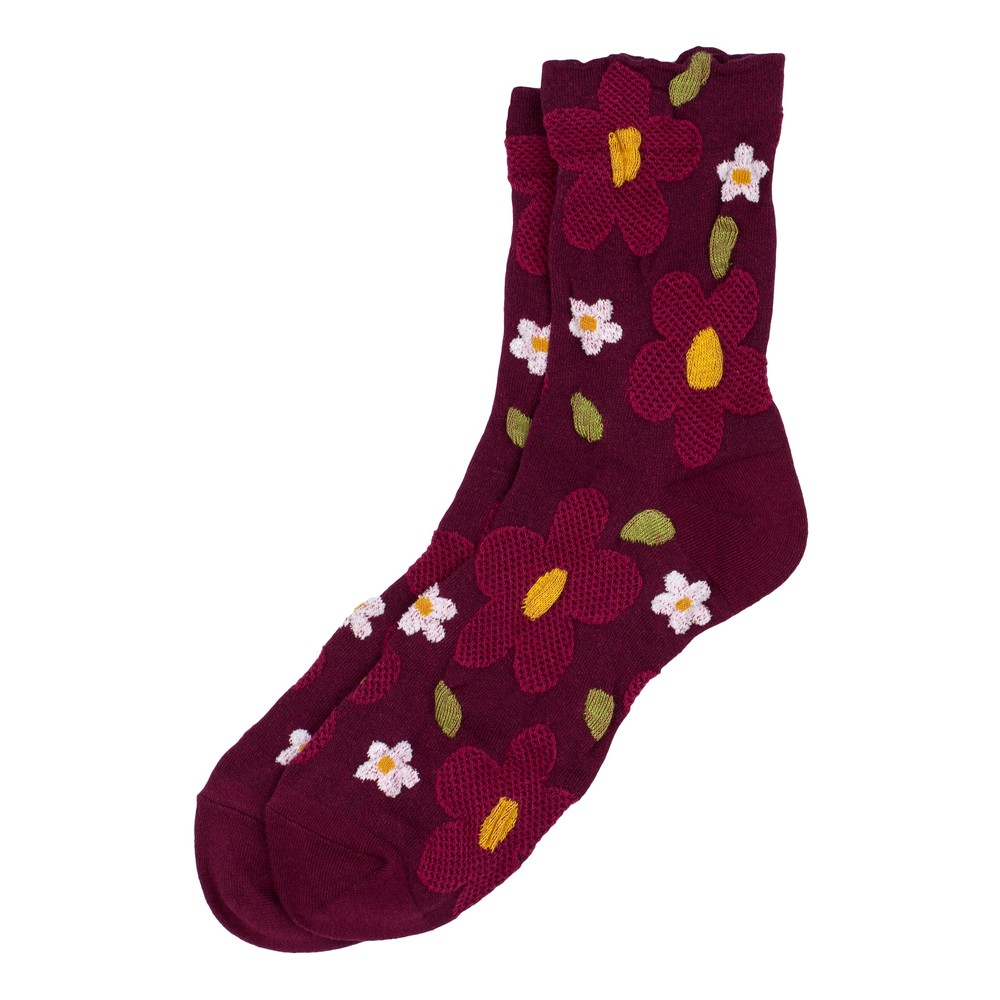 Socks cotton & spandex mesh flower burgundy red