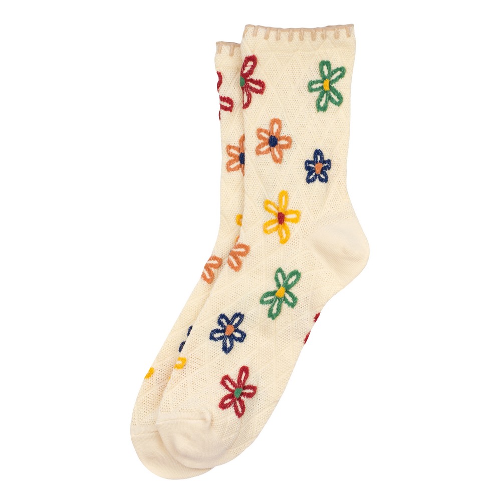 Socks cotton & spandex flower blanket stitch off-white