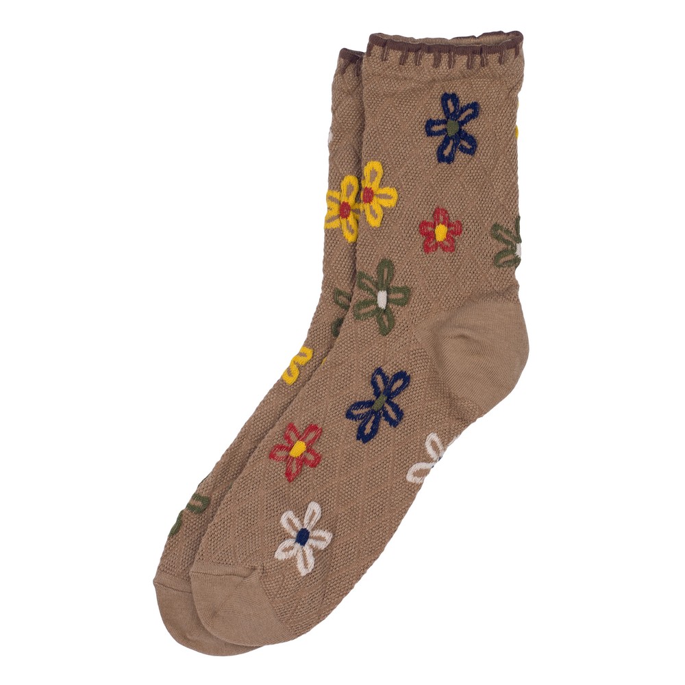 Socks cotton & spandex flower blanket stitch brown