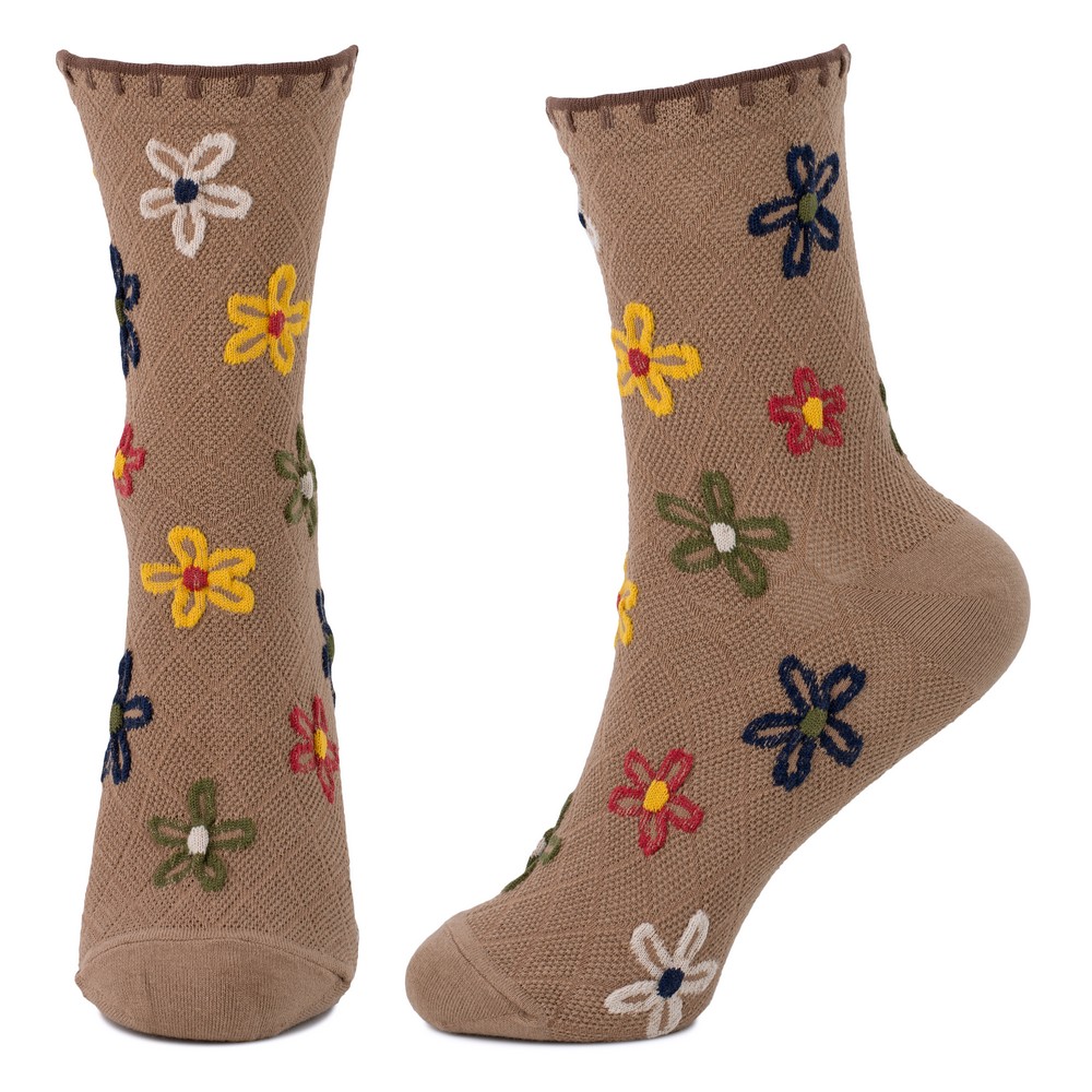 Socks cotton & spandex flower blanket stitch brown - Image 2