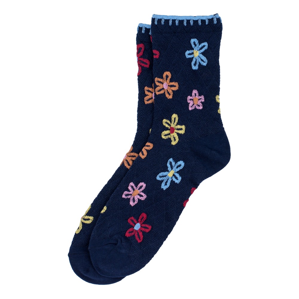 Socks cotton & spandex flower blanket stitch navy blue