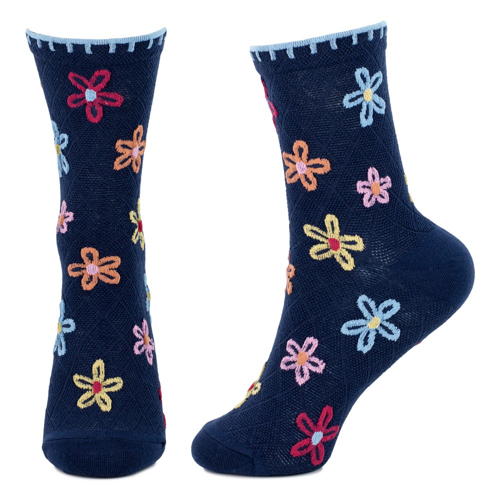 Socks cotton & spandex flower blanket stitch navy blue - Image 2