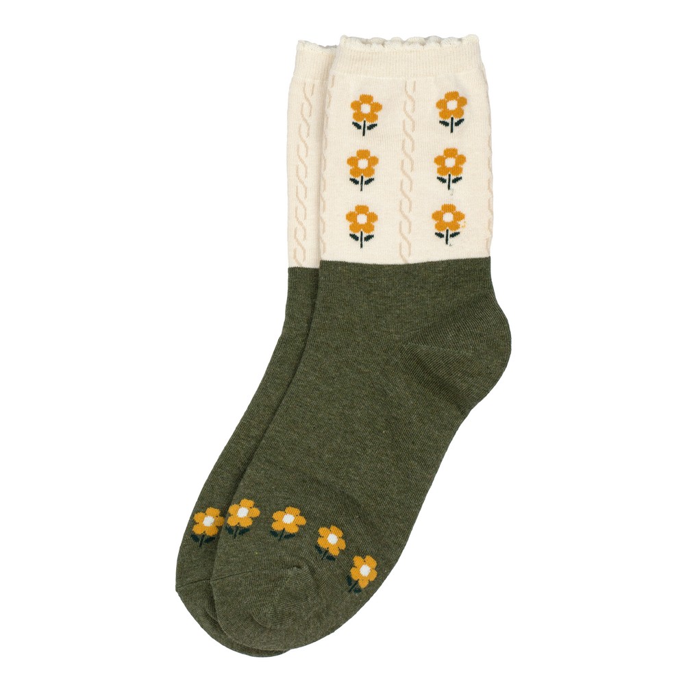 Socks cotton & spandex picot flower green
