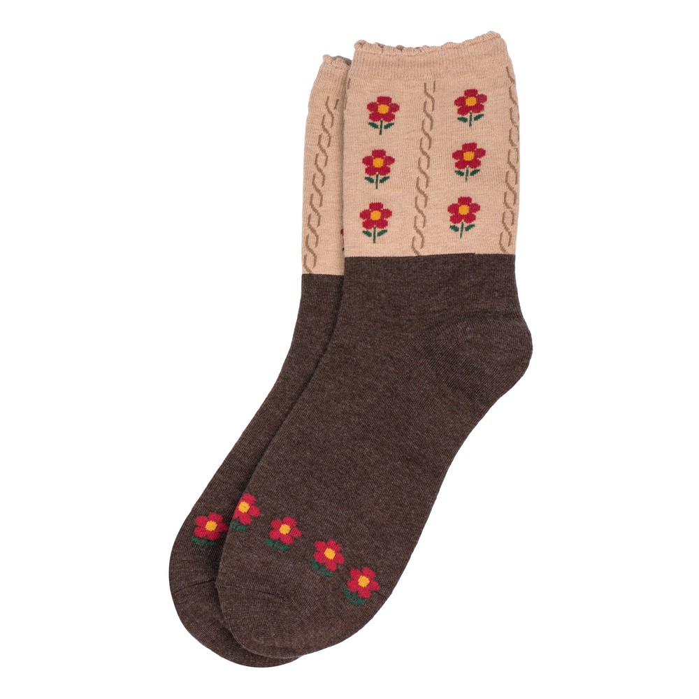 Socks cotton & spandex picot flower brown