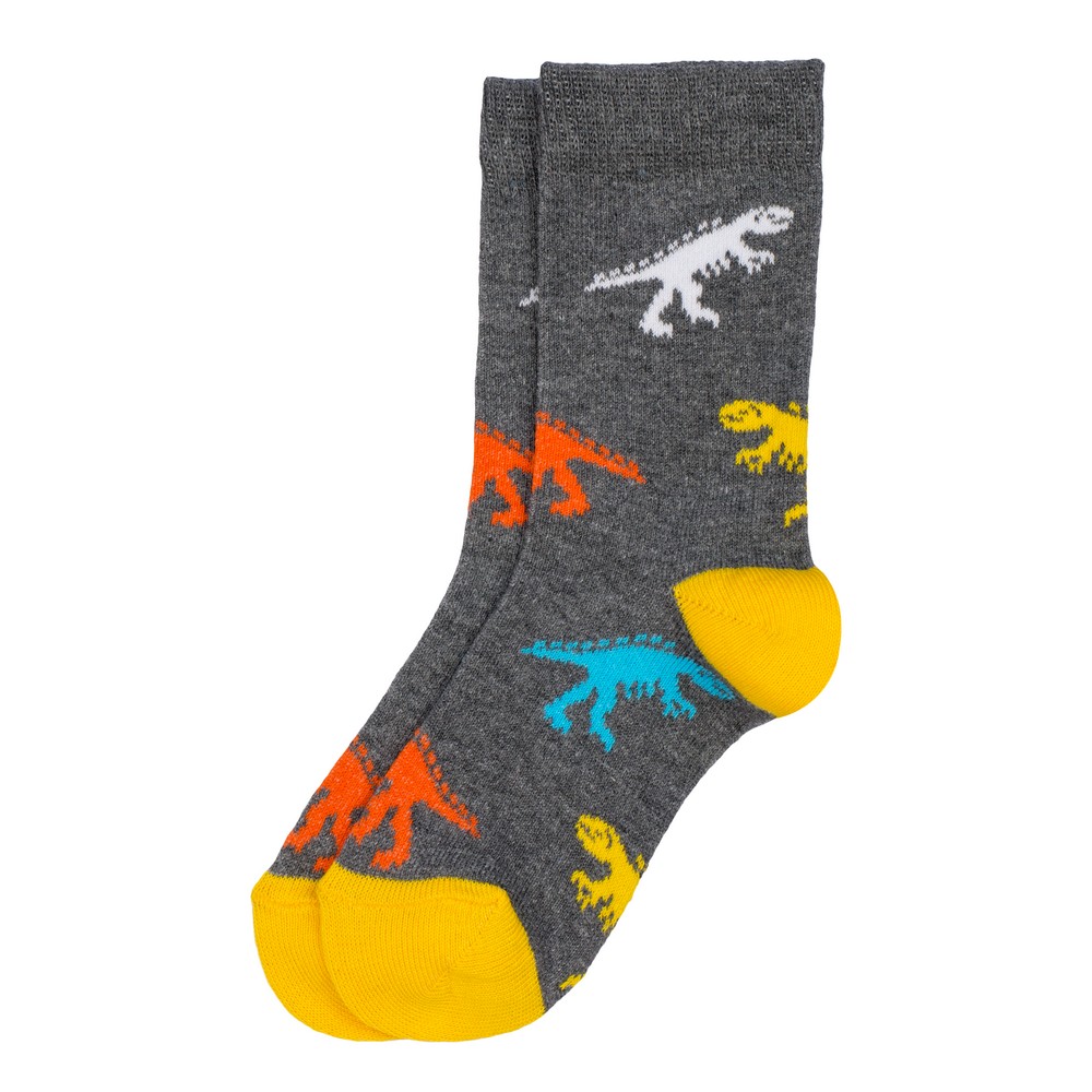 Socks cotton & spandex kids prehistoric dinosaurs age 5-7 grey