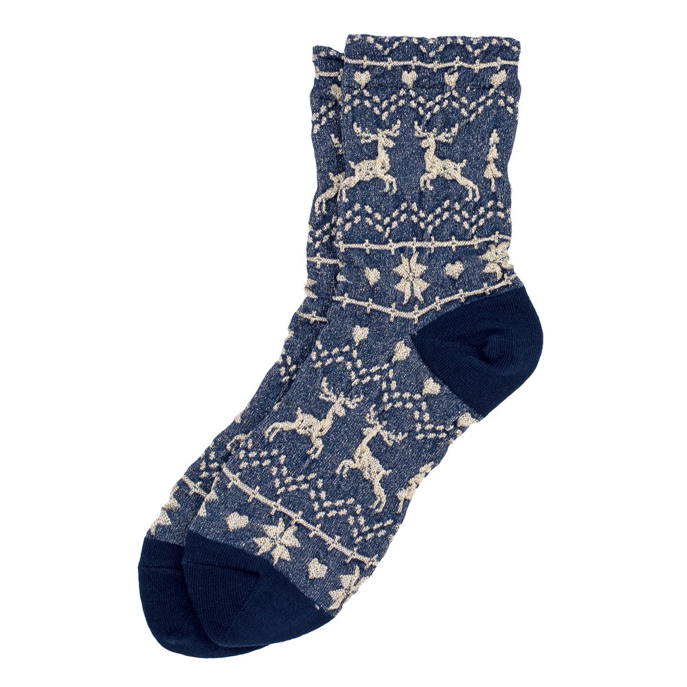 Socks cotton & spandex glitter scandi reindeer navy blue