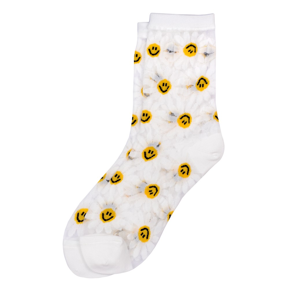 Socks cotton & spandex sheer smiling face daisy white