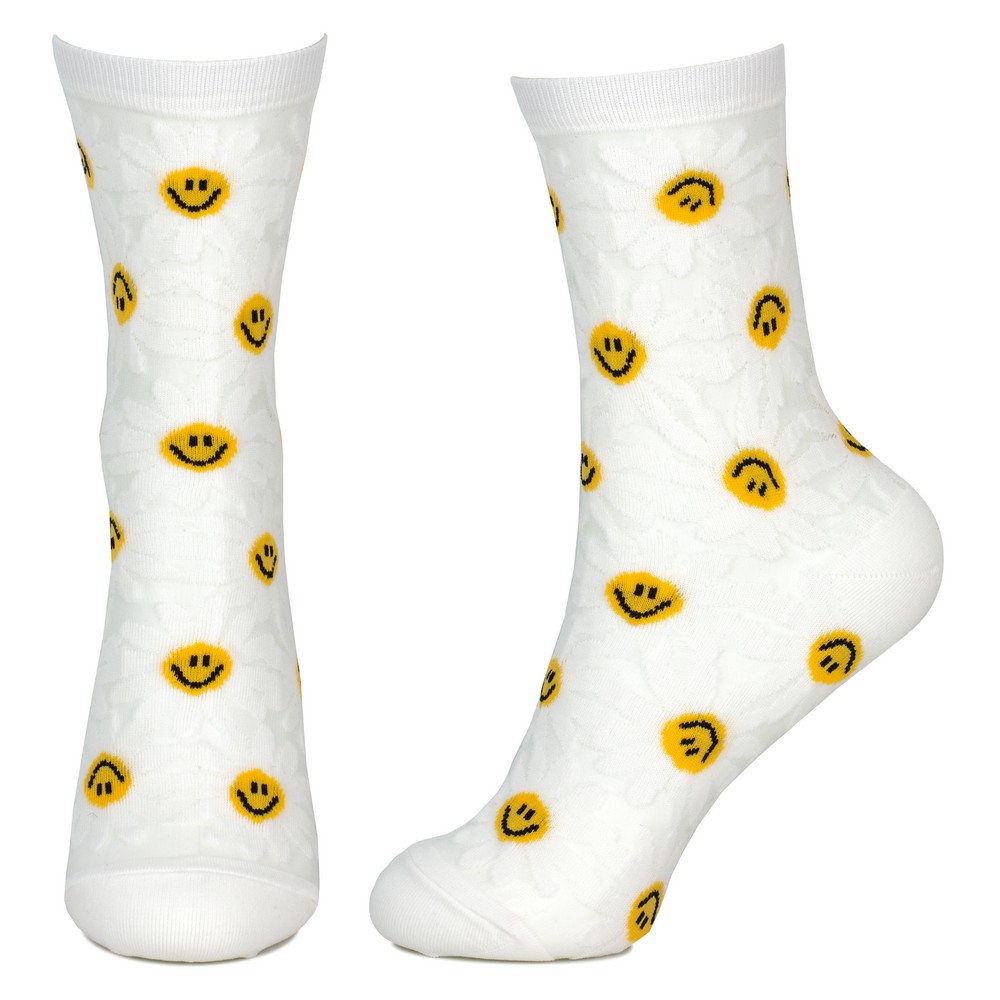Socks cotton & spandex sheer smiling face daisy white - Image 2