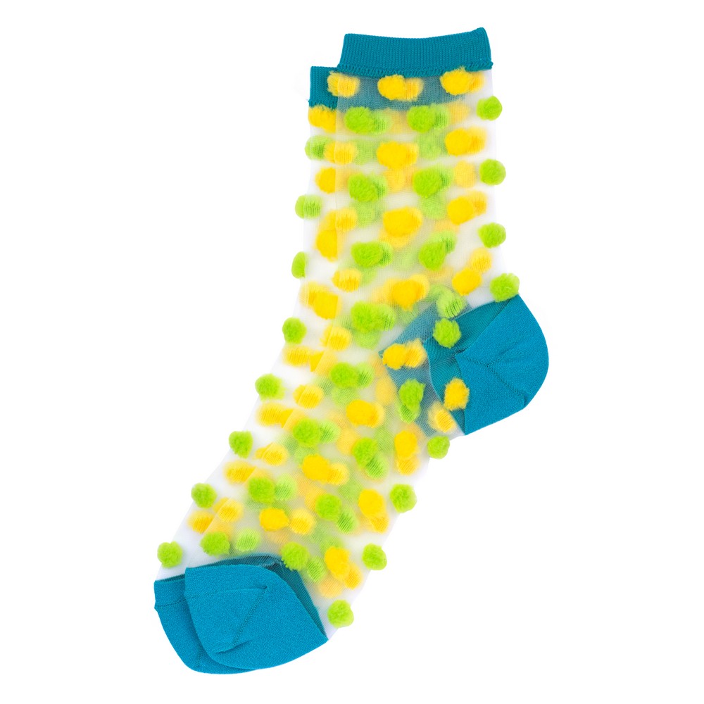 Socks pom pom sheer green & yellow