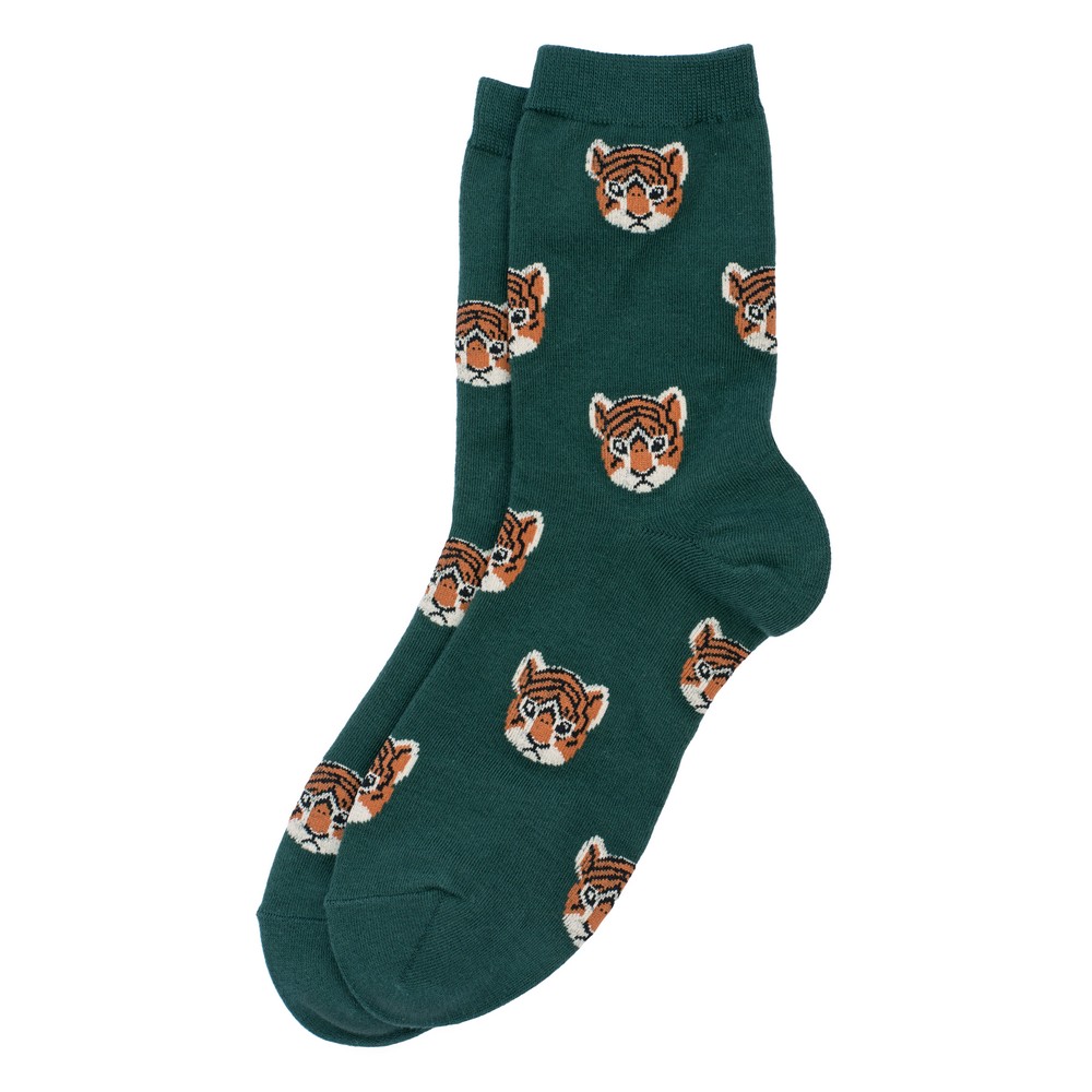 Socks cotton & spandex tiger faces green