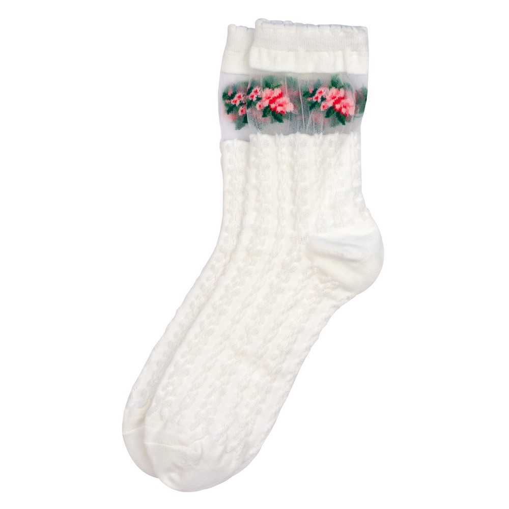 Socks cotton & spandex sheer floral cuff white