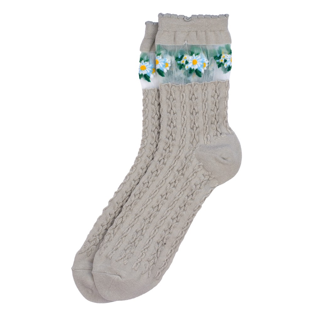 Socks cotton & spandex sheer floral cuff grey