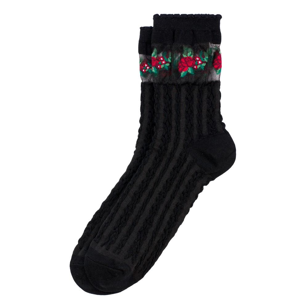 Socks cotton & spandex sheer floral cuff black