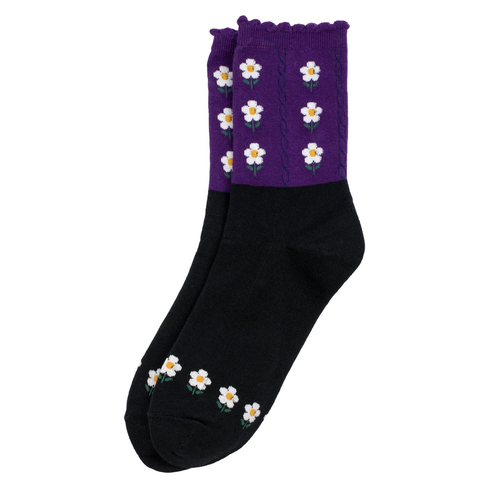 Socks cotton & spandex picot flower black