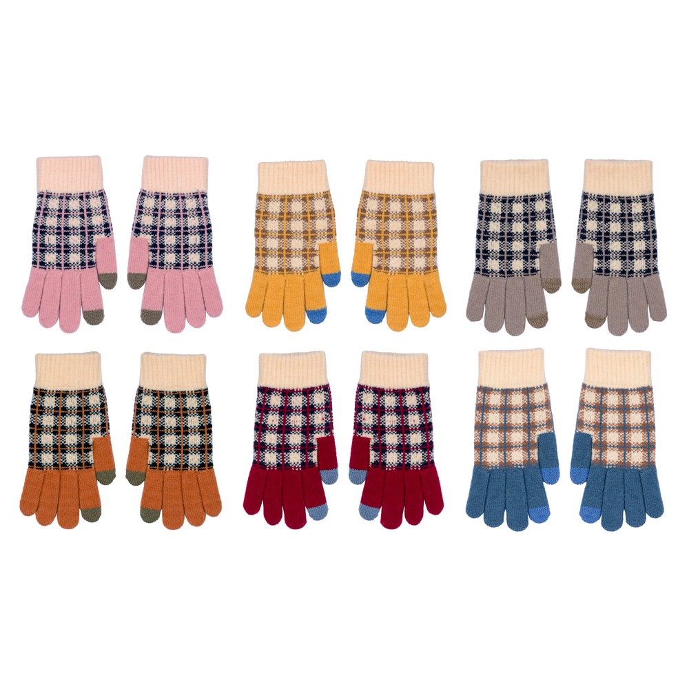 Gloves acrylic & spandex plaid knit
