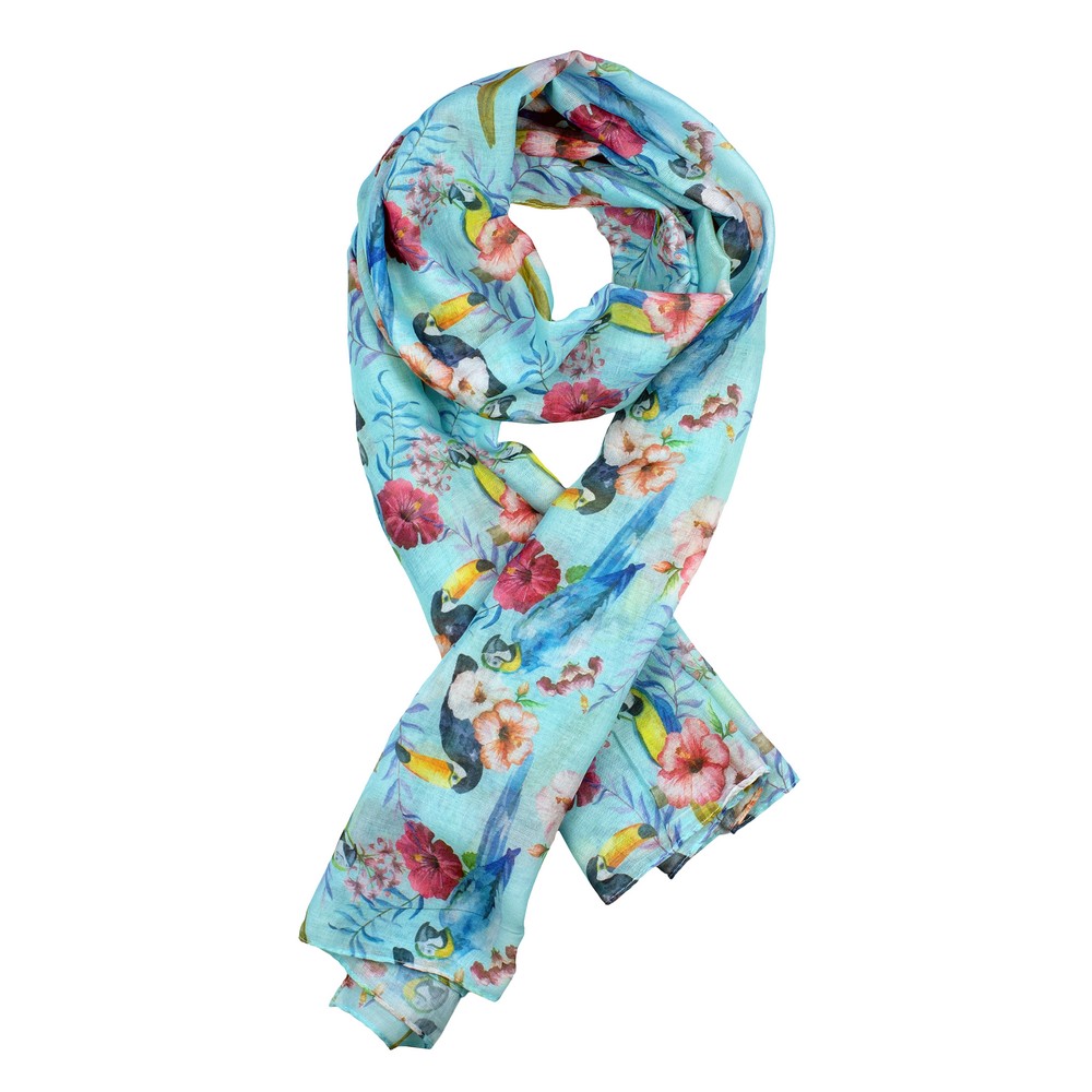 Scarf cotton tropical birds sky blue
