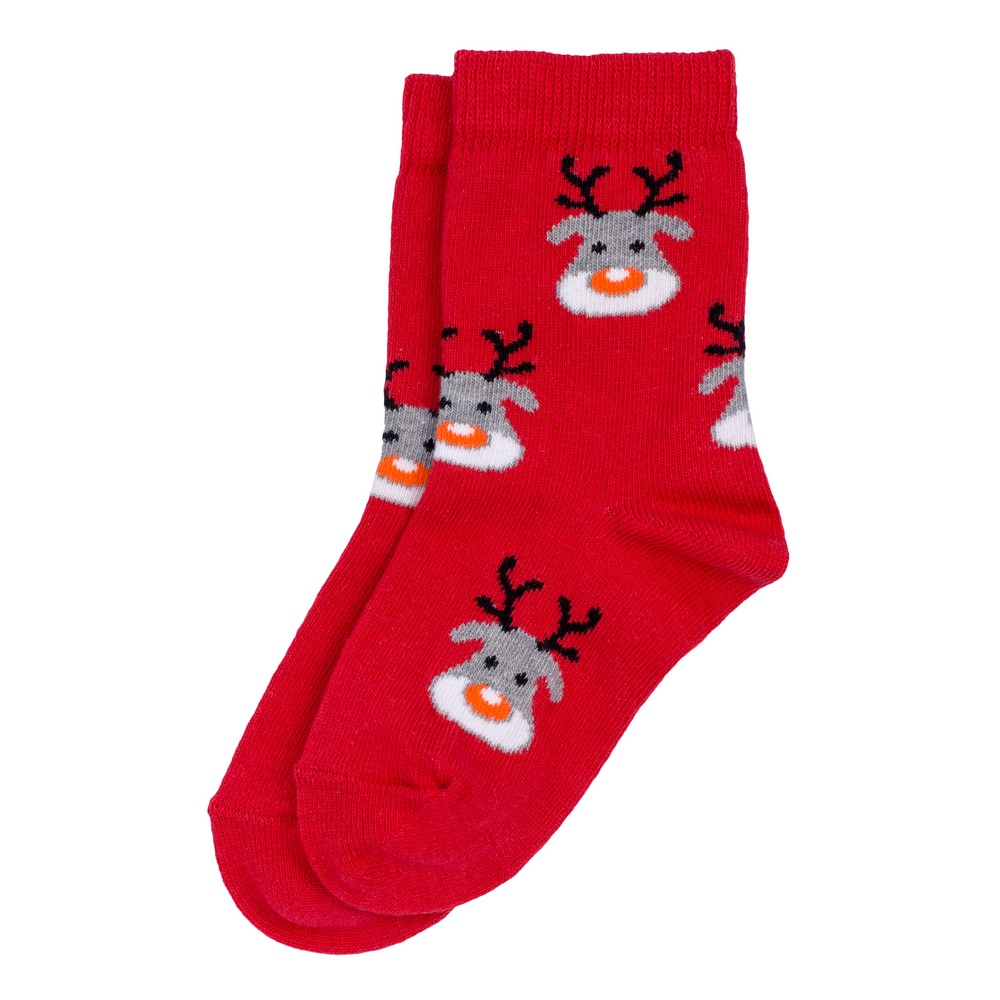 Socks cotton & spandex kids reindeer head age 5-7 red