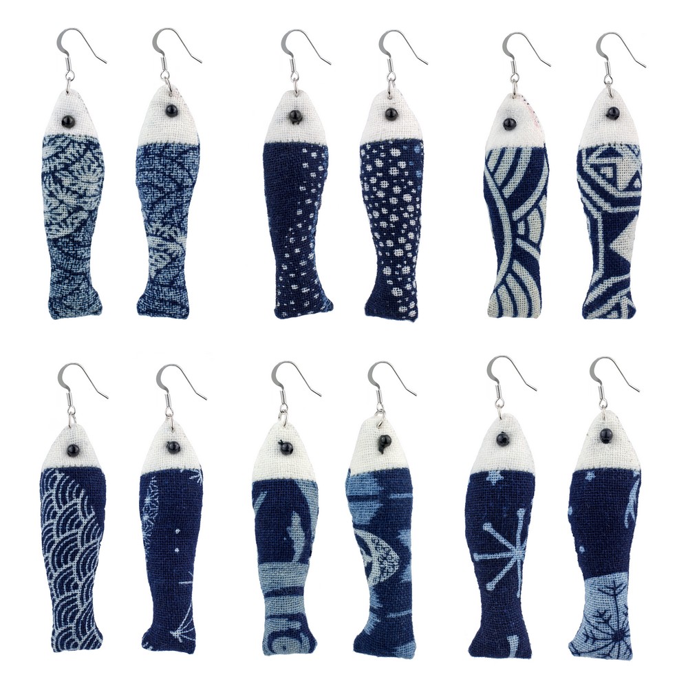 Drop earring polyester cotton mix fish blue & white