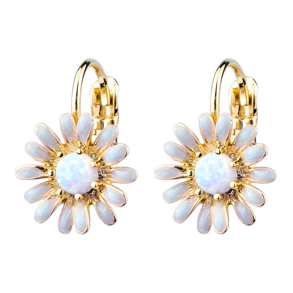 Drop earring enamel opal daisy gold & white